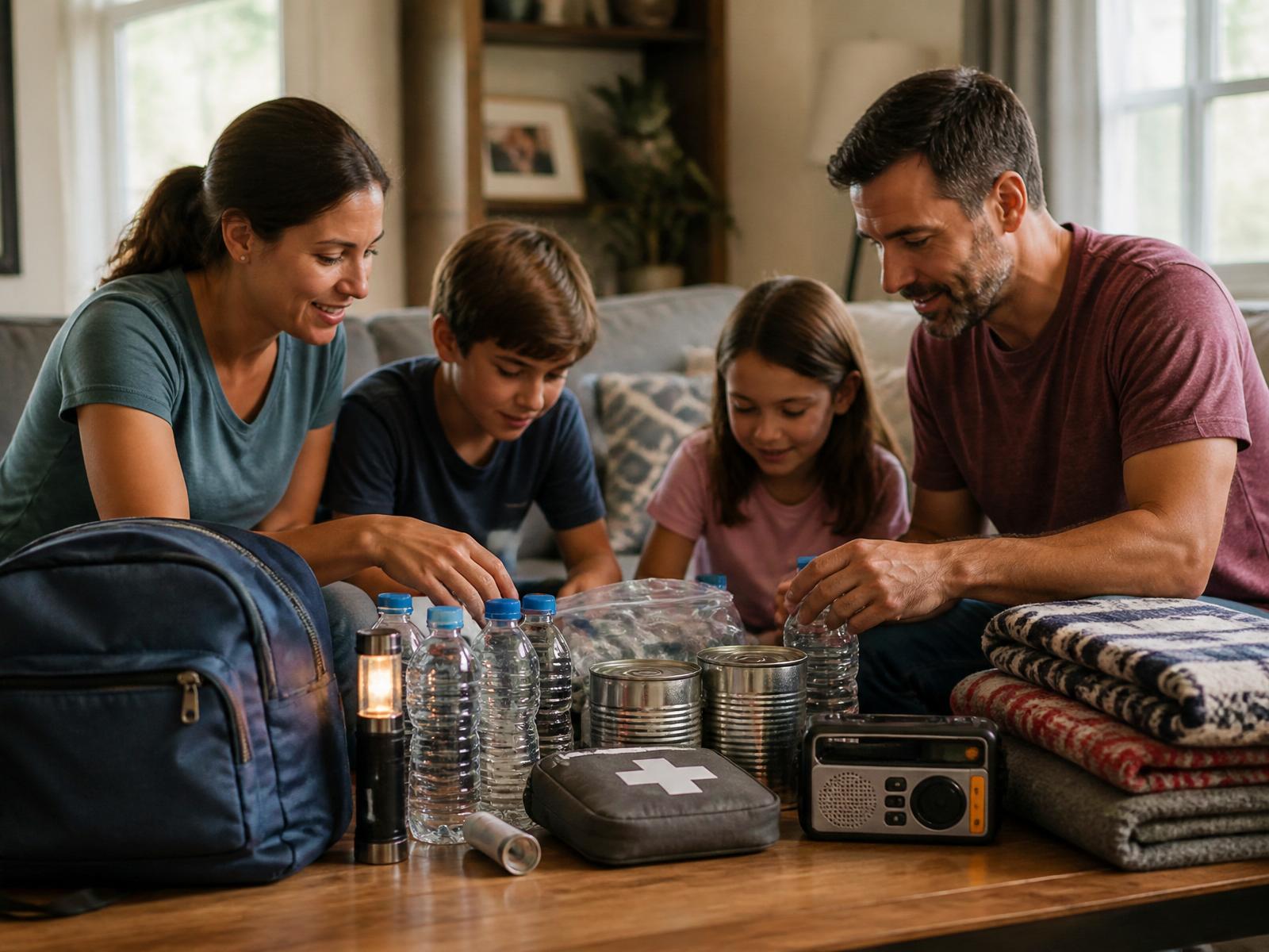 An American family calmly assembling an earthquake emergency preparedness kit at home